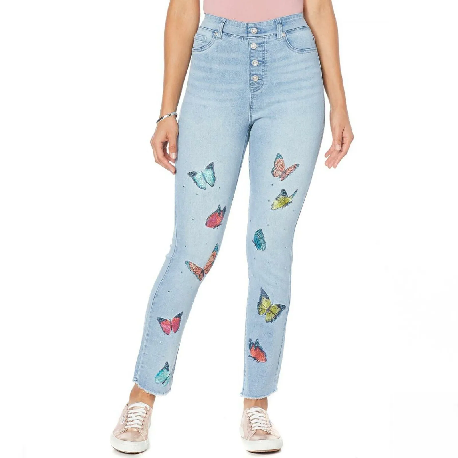 DG2 by Diane Gilman Women's Tall Embroidered Pull On Faux Button Fly Jeans