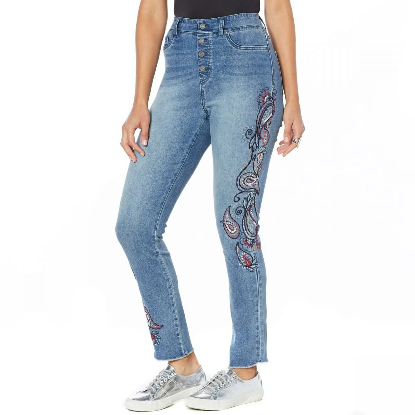DG2 by Diane Gilman Women's Tall Embroidered Pull On Faux Button Fly Jeans