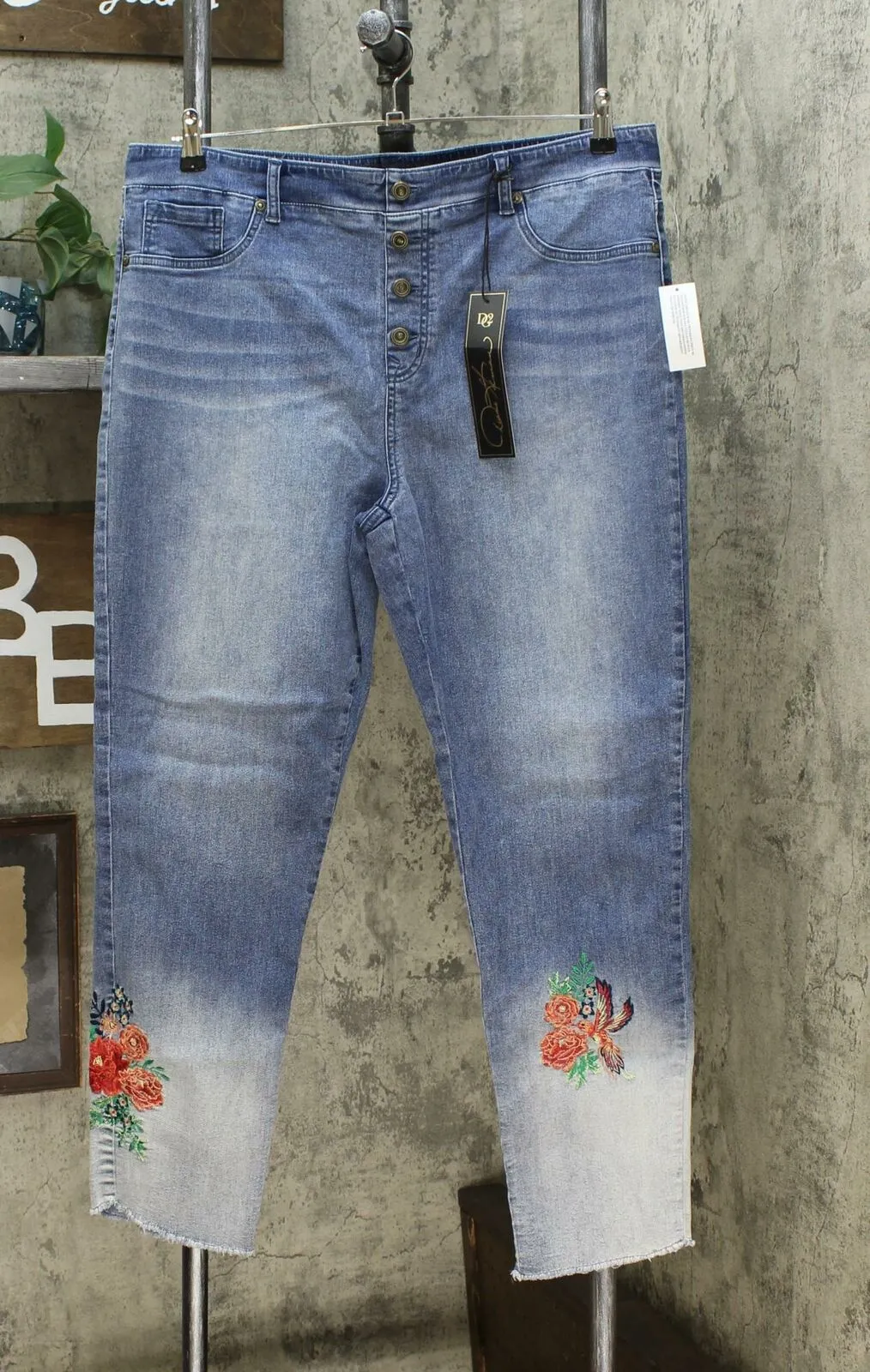 DG2 by Diane Gilman Women's Tall Embroidered Pull On Faux Button Fly Jeans