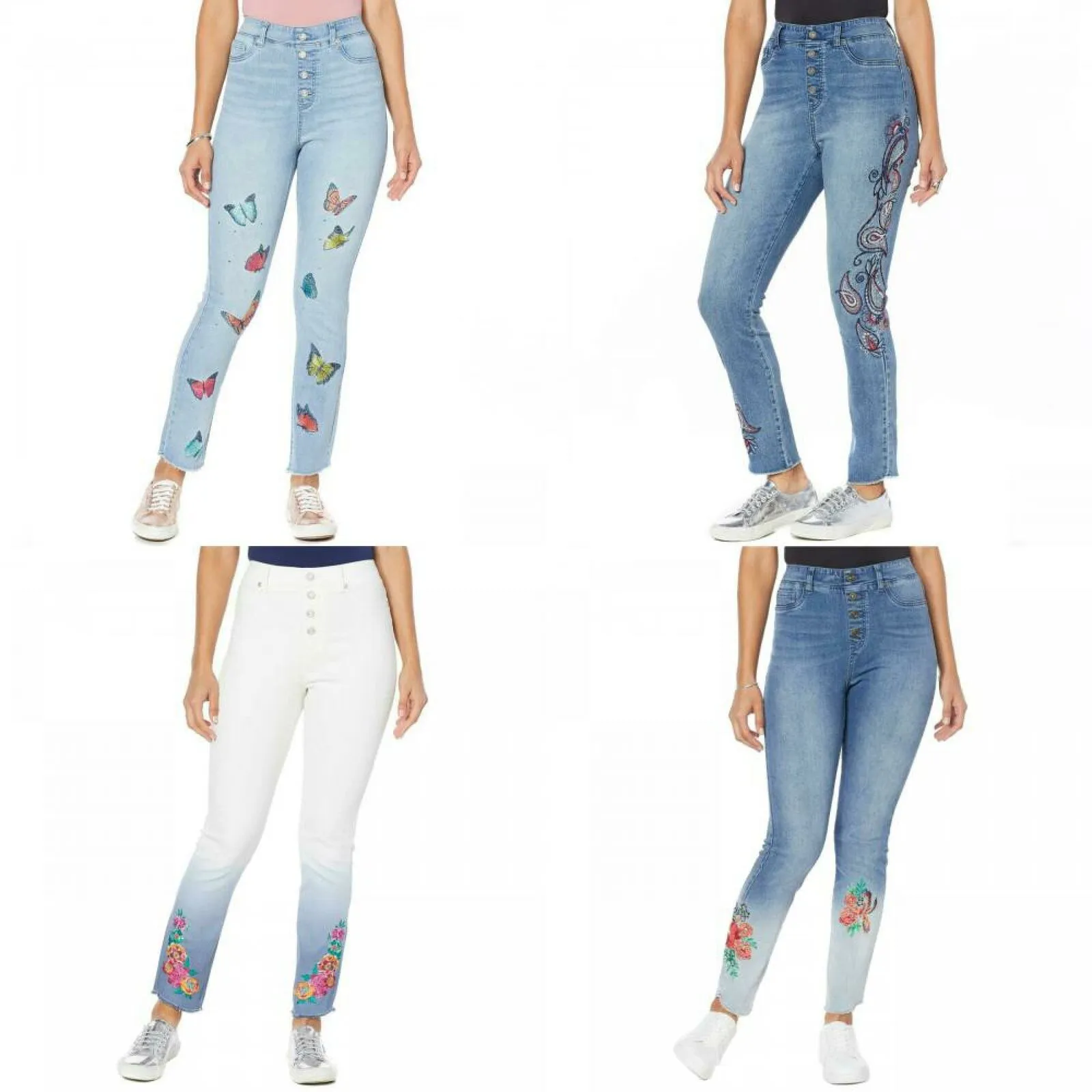DG2 by Diane Gilman Women's Tall Embroidered Pull On Faux Button Fly Jeans