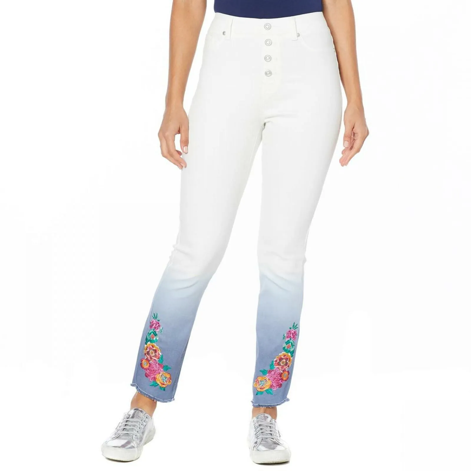 DG2 by Diane Gilman Women's Tall Embroidered Pull On Faux Button Fly Jeans