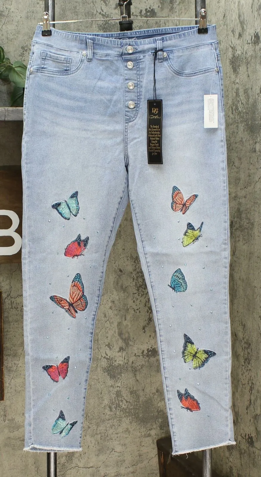 DG2 by Diane Gilman Women's Tall Embroidered Pull On Faux Button Fly Jeans