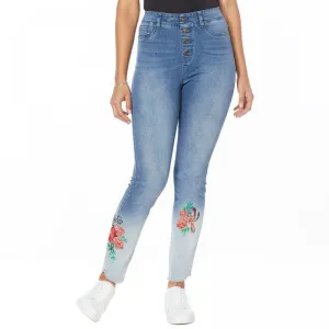 DG2 by Diane Gilman Women's Tall Embroidered Pull On Faux Button Fly Jeans
