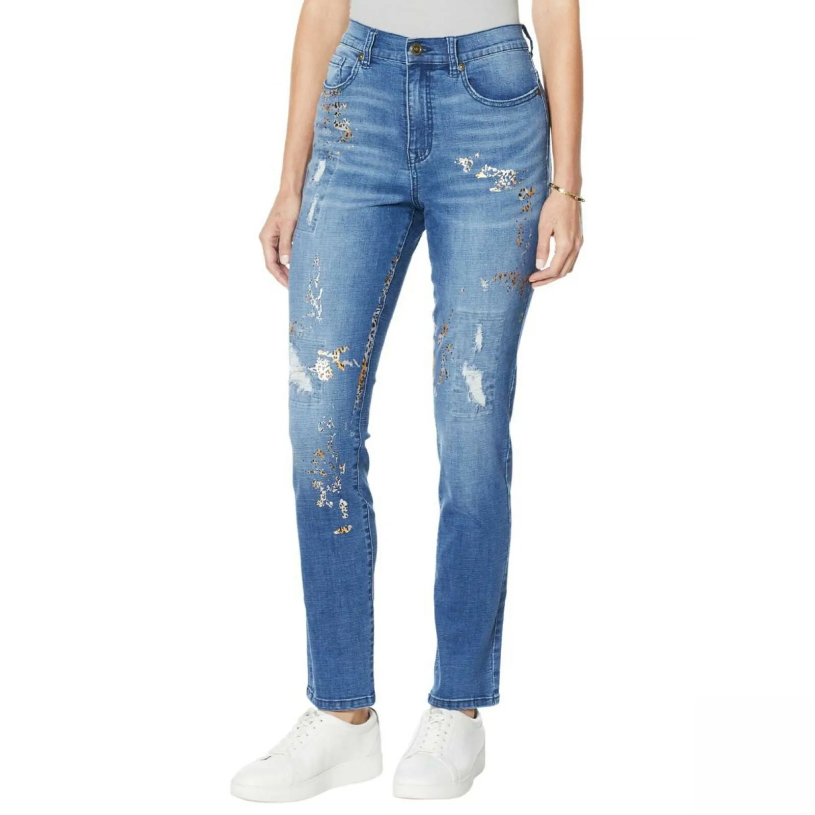 DG2 by Diane Gilman Women's Virtual Stretch Crosshatch Destructed Skinny Jeans