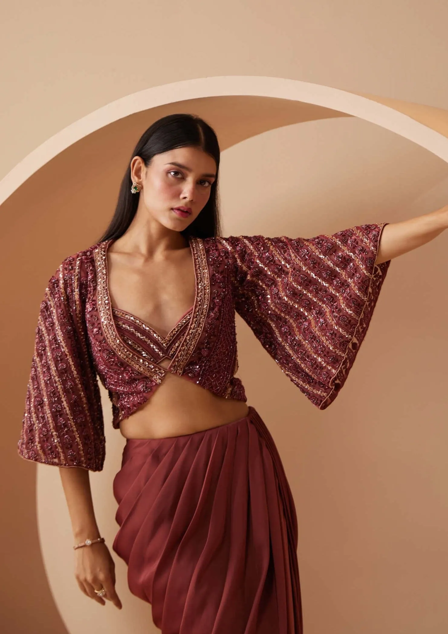 Divine maroon draped skirt set