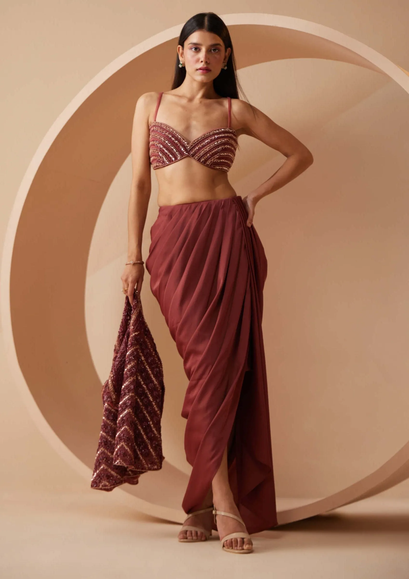Divine maroon draped skirt set