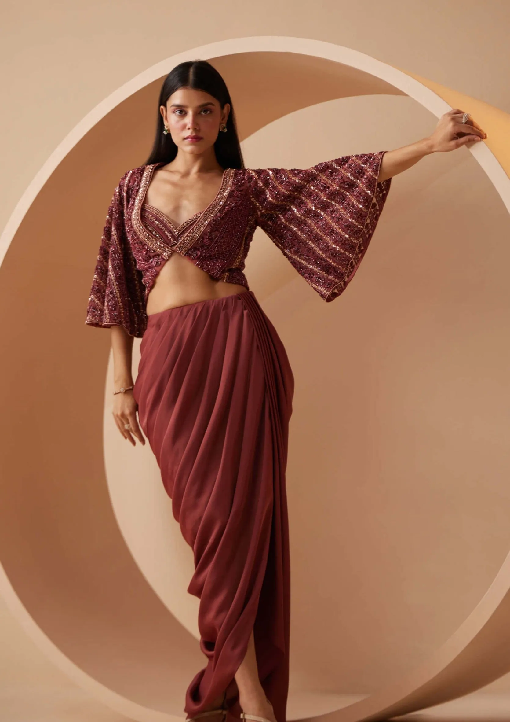 Divine maroon draped skirt set