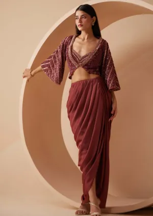 Divine maroon draped skirt set