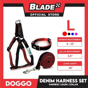 Doggo Strong Harness Set Denim Design Large (Red) Harness, Leash and Collar for Your Dog