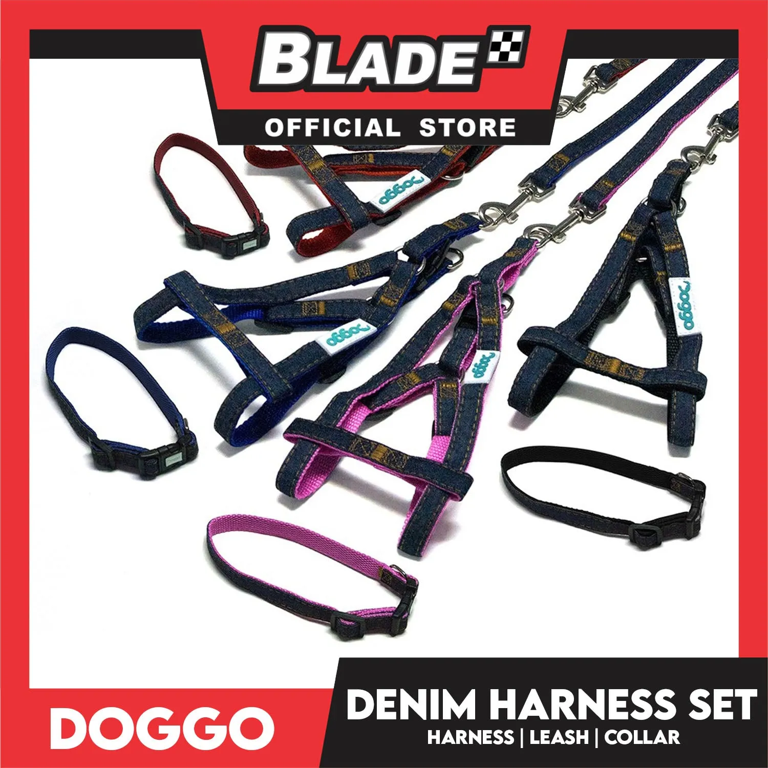 Doggo Strong Harness Set Denim Design Medium (Pink) Harness, Leash and Collar for Your Dog