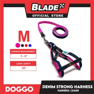 Doggo Strong Harness Set Denim Design Medium (Pink) Harness, Leash and Collar for Your Dog