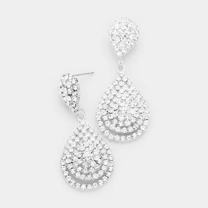 Double Teardrop Clear Crystal Silver Evening Earrings