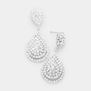 Double Teardrop Clear Crystal Silver Evening Earrings