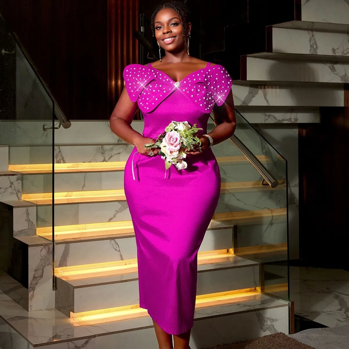 Dramatic Bow-Front Embellished Evening Gown with Sleek Fit
