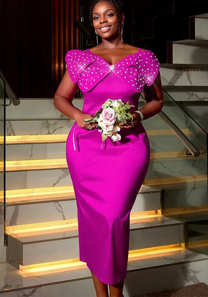 Dramatic Bow-Front Embellished Evening Gown with Sleek Fit