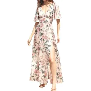 Dress Forum Flutter Sleeve Floral Satin Maxi Dress Romantic Feminine Lover- Sz M