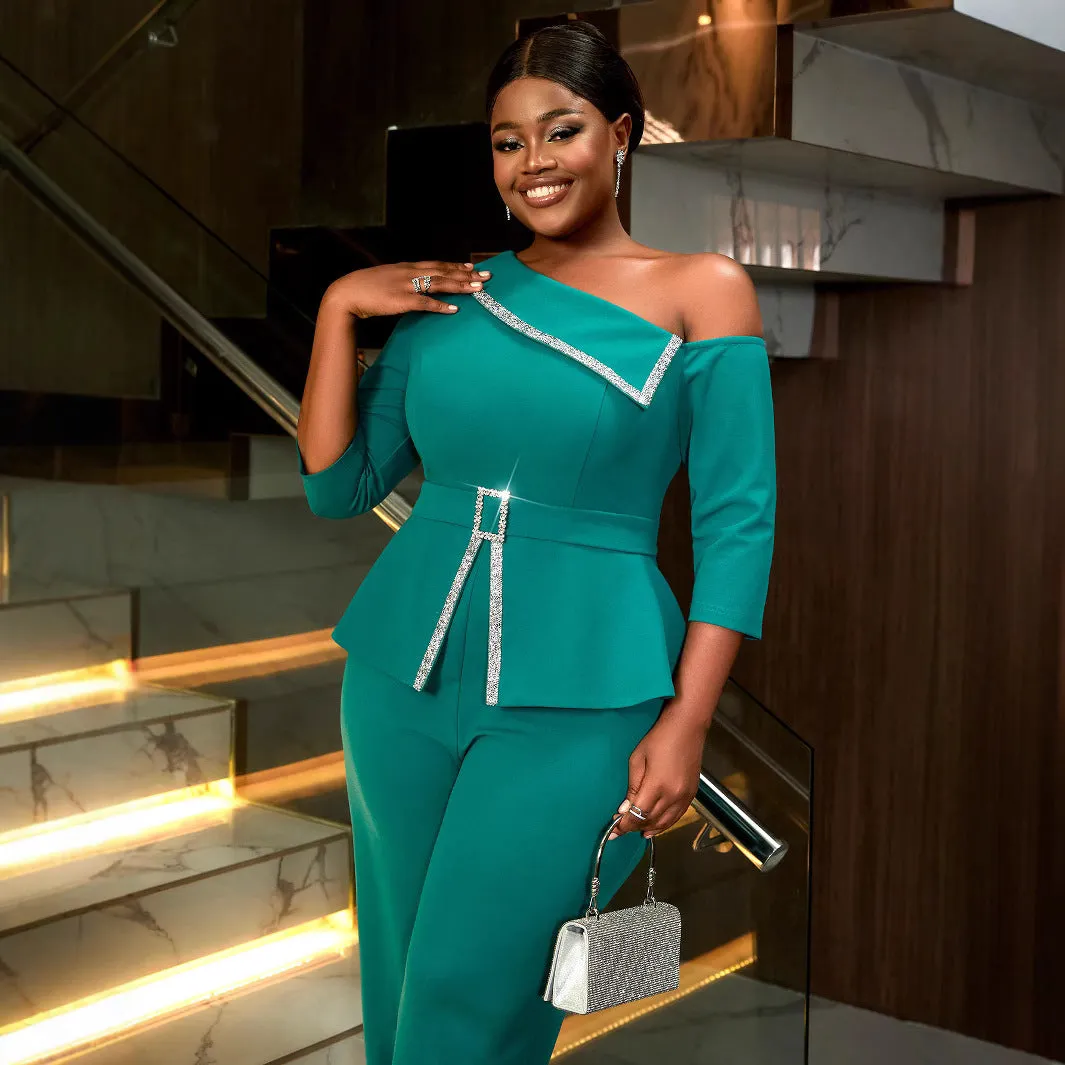 Elegant One-Shoulder Beaded Belted Peplum Wide-Leg Jumpsuit