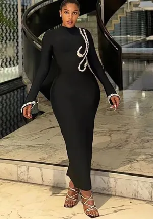 Elegant Rhinestone Embellished High-Neck Long-Sleeve Bandage Dress