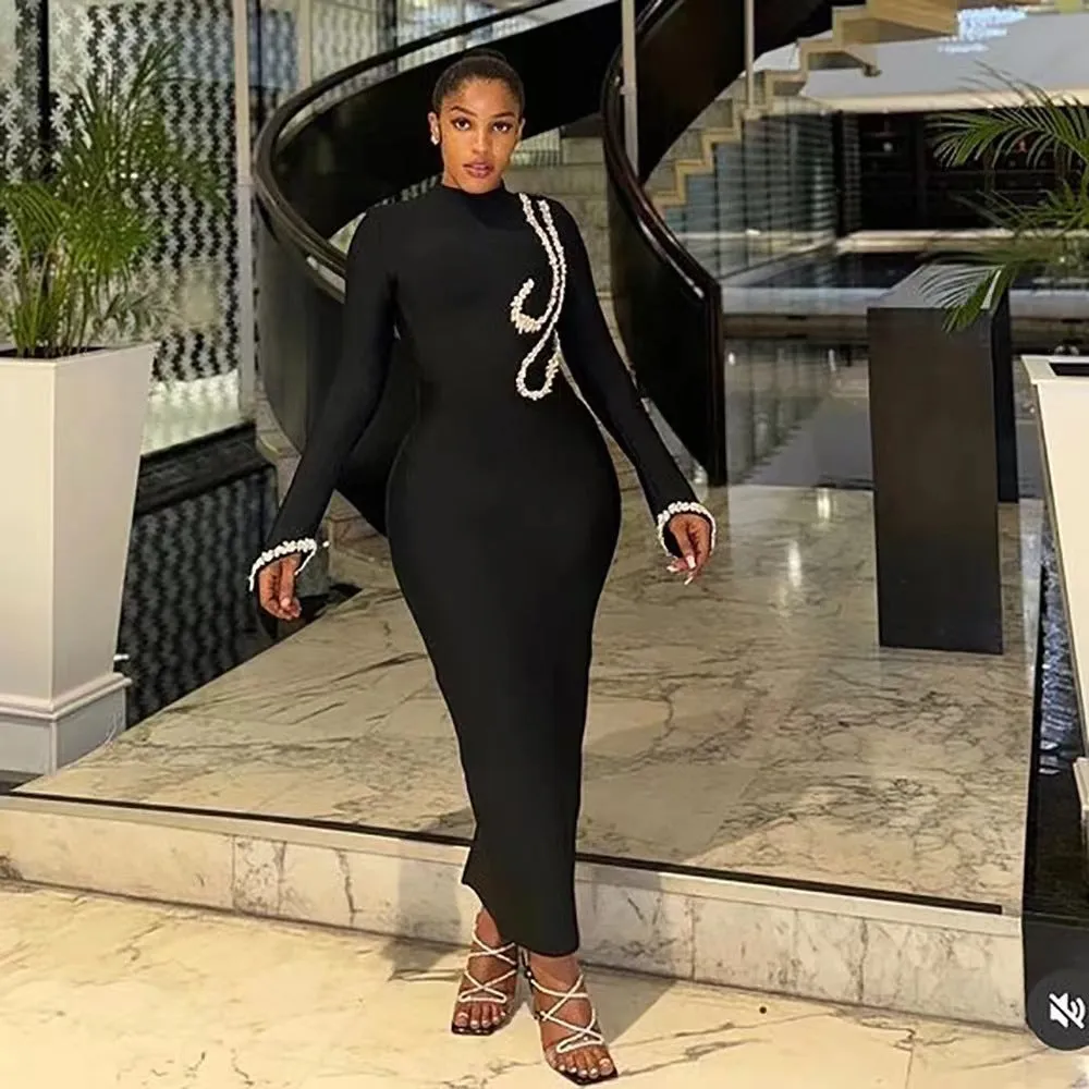 Elegant Rhinestone Embellished High-Neck Long-Sleeve Bandage Dress