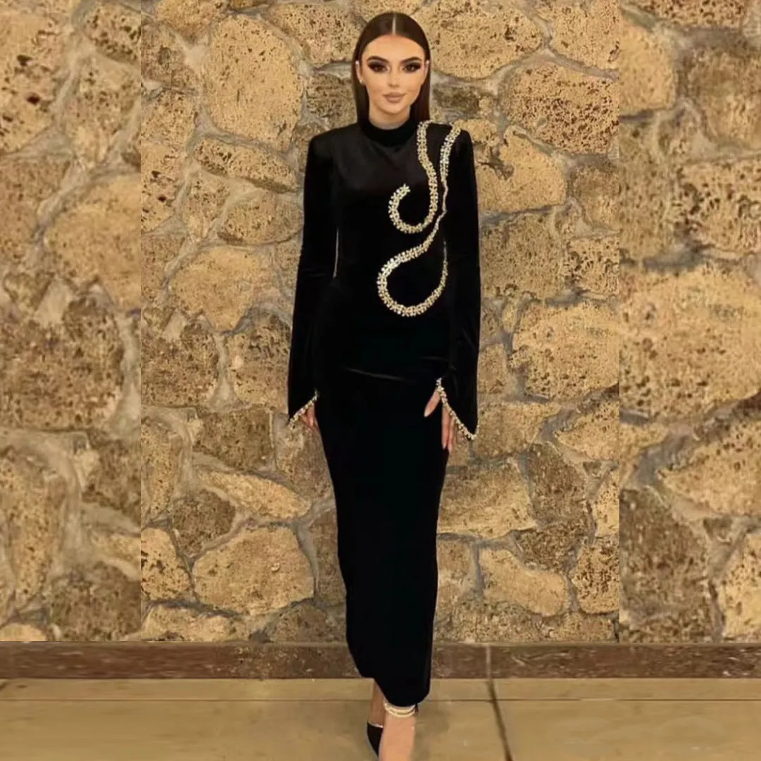 Elegant Rhinestone Embellished High-Neck Long-Sleeve Bandage Dress