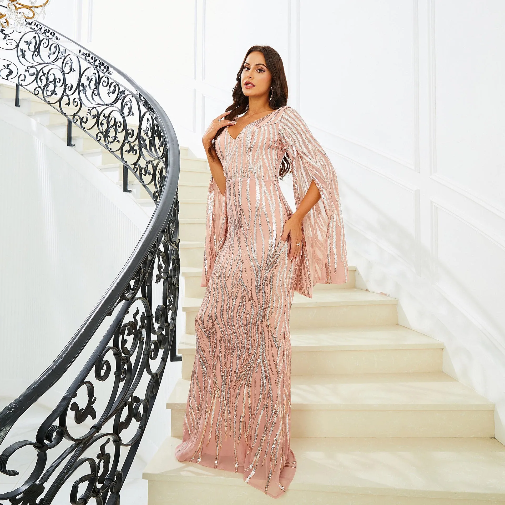 Elegant Sequin V-Neck Fishtail Evening Gown with Cape Sleeves