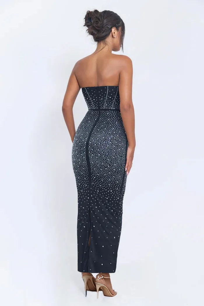 Elegant Strapless Beaded Slim-Fit Gown with Back Slit for Evening Glamour
