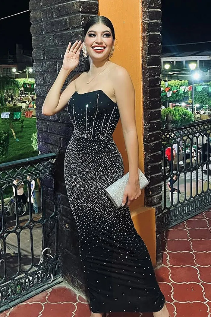 Elegant Strapless Beaded Slim-Fit Gown with Back Slit for Evening Glamour