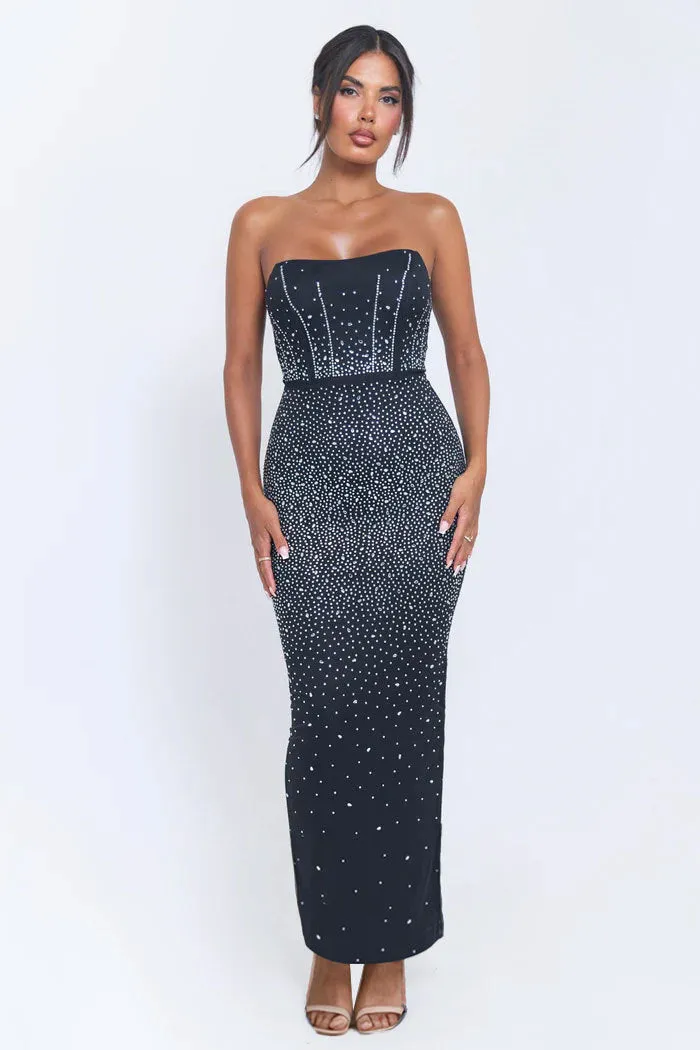 Elegant Strapless Beaded Slim-Fit Gown with Back Slit for Evening Glamour