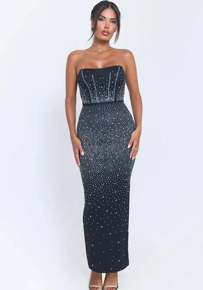 Elegant Strapless Beaded Slim-Fit Gown with Back Slit for Evening Glamour