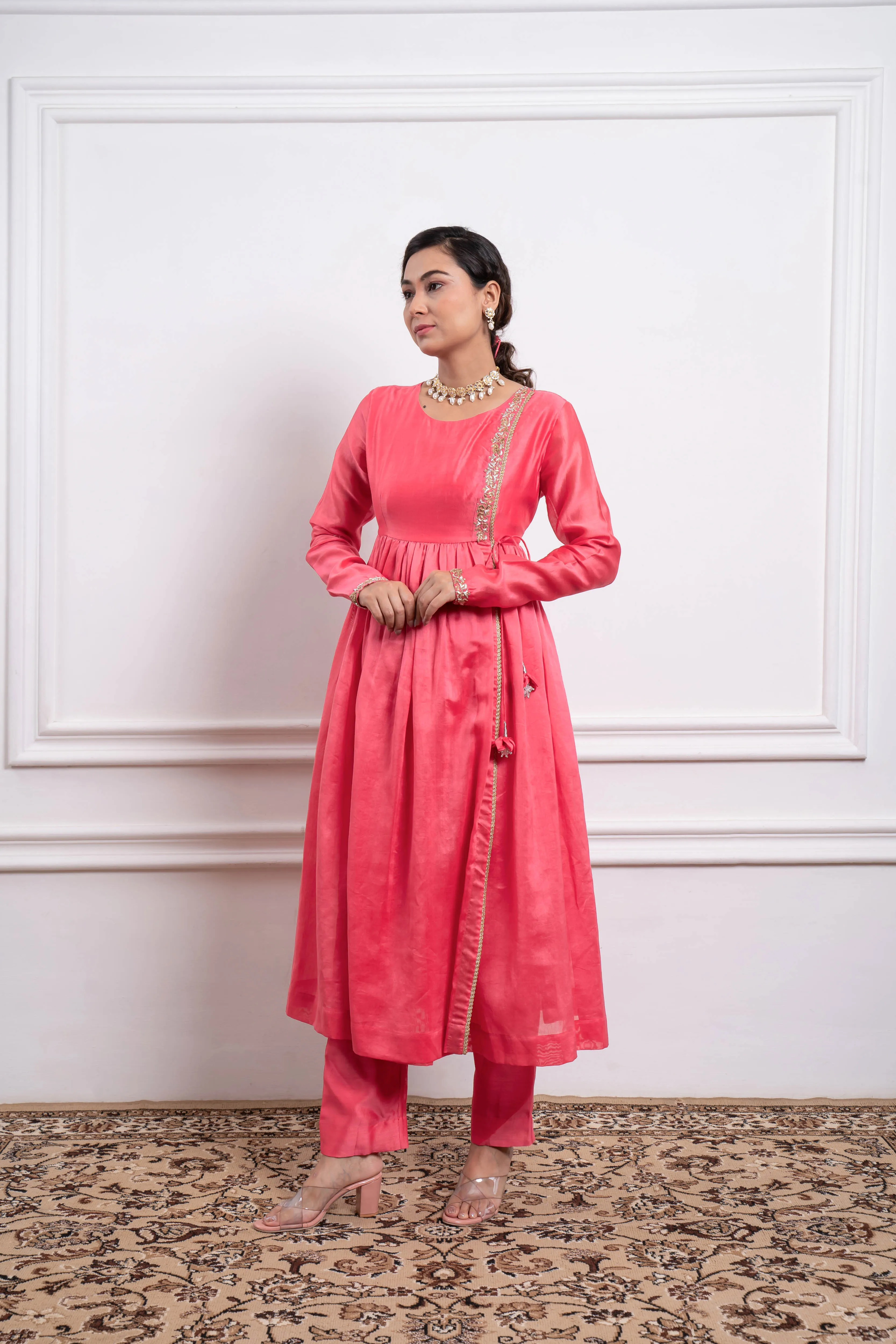 Embroidered Pink Anarkali with Pants in Chanderi Handloom (Set of 2)