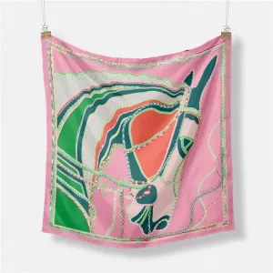 Equestrian Hunter Dressage Horse Print Satin Scarf 20” Light Pink