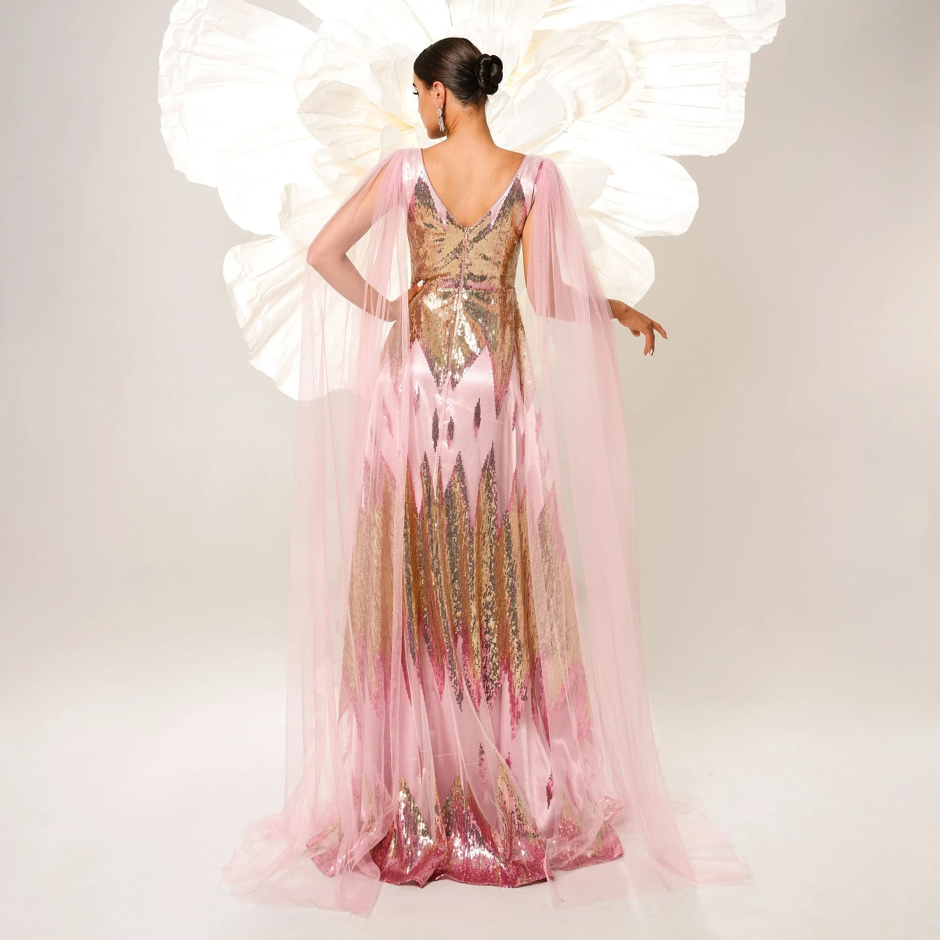 Ethereal Sequin V-Neck Gown with Sheer Mesh Overlay and Cape Sleeves