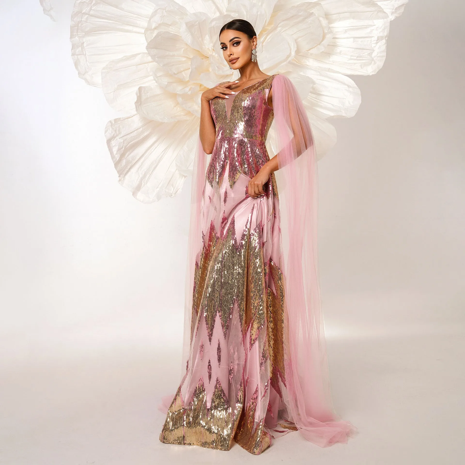 Ethereal Sequin V-Neck Gown with Sheer Mesh Overlay and Cape Sleeves