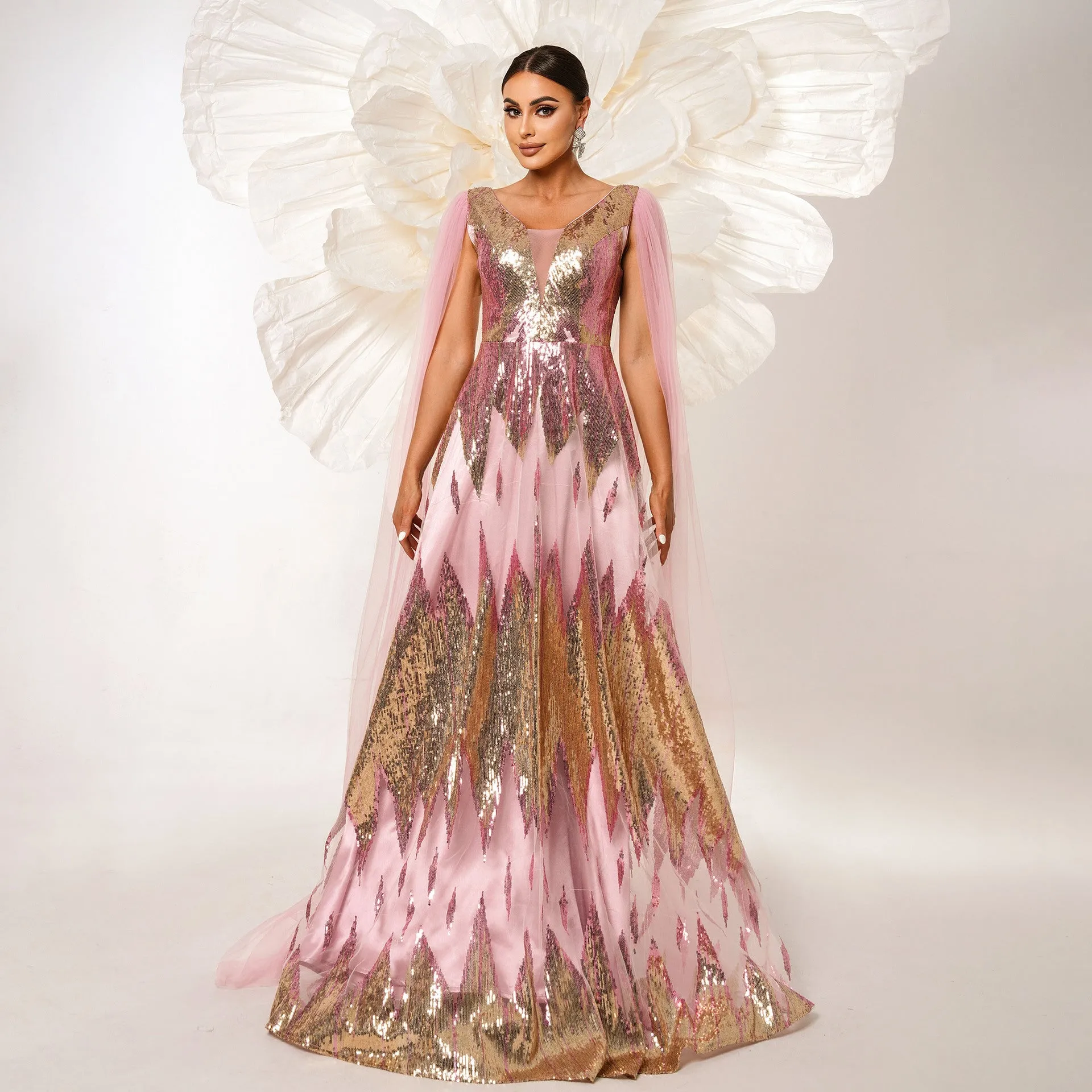 Ethereal Sequin V-Neck Gown with Sheer Mesh Overlay and Cape Sleeves