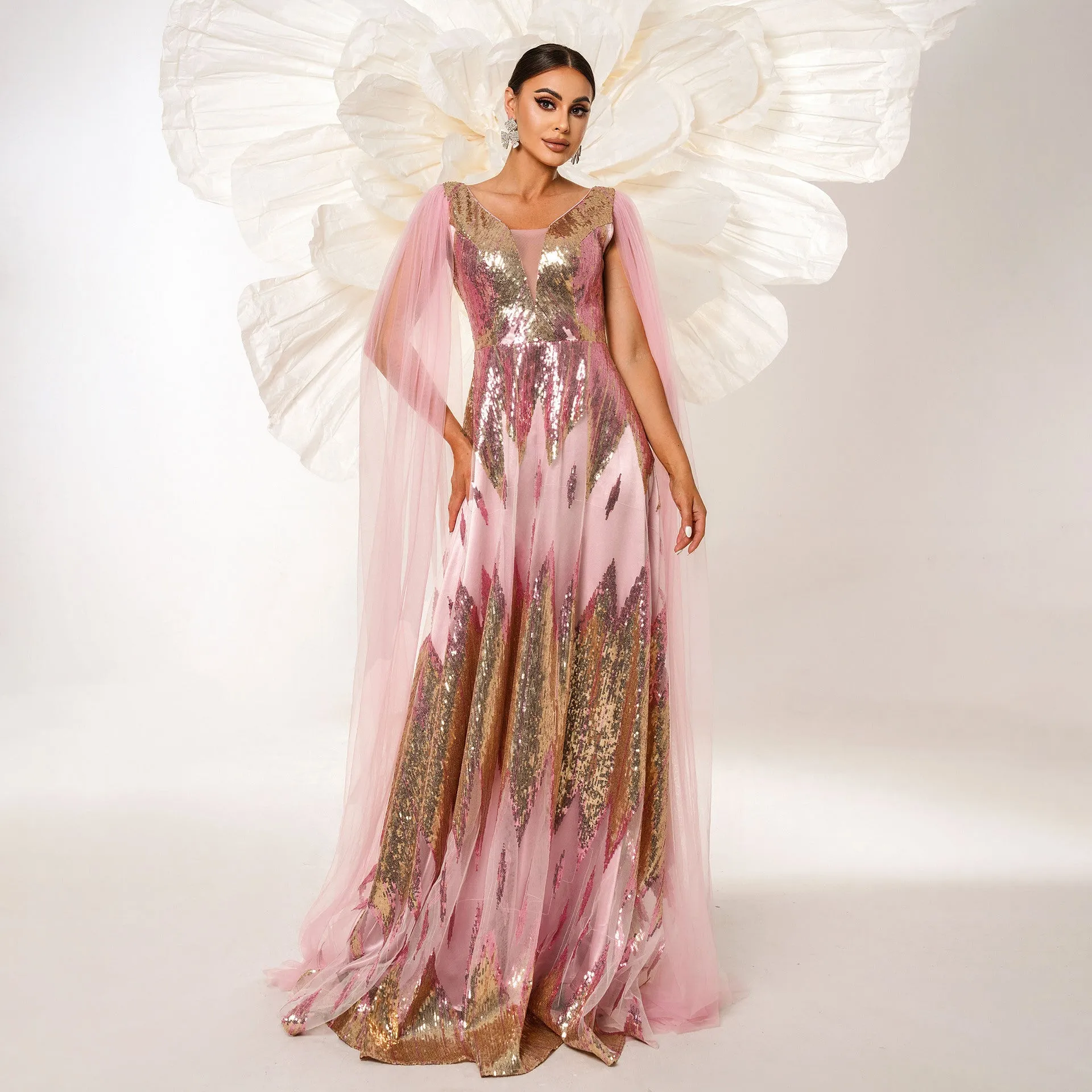 Ethereal Sequin V-Neck Gown with Sheer Mesh Overlay and Cape Sleeves
