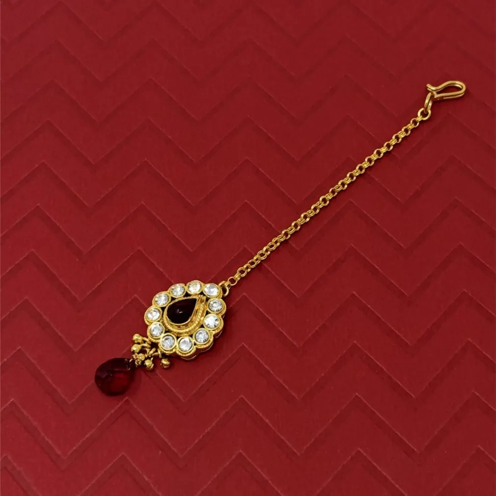 Ethnic Indian Forehead Traditional Kundan CZ Gold Plated Handmade Red Drop Maang Tika Party Wedding For Women Girls - Duel On Jewel