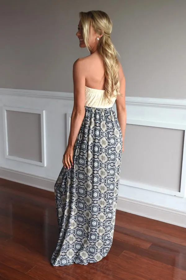 Ethnic Print Strapless Maxi Dress ~ Navy