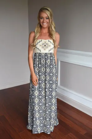 Ethnic Print Strapless Maxi Dress ~ Navy