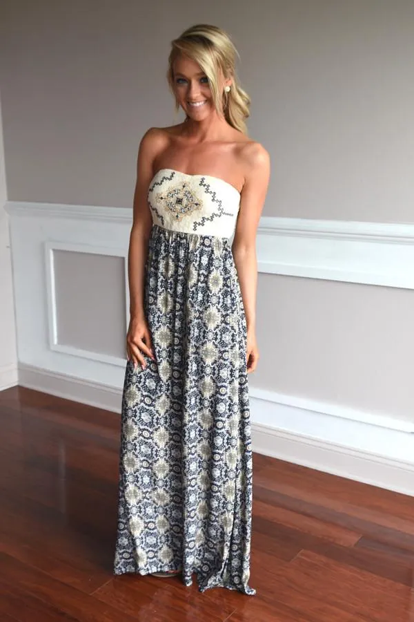 Ethnic Print Strapless Maxi Dress ~ Navy