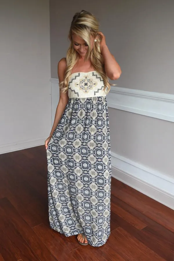 Ethnic Print Strapless Maxi Dress ~ Navy