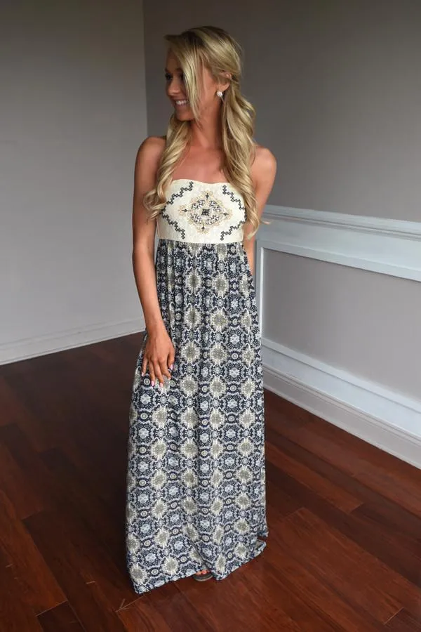 Ethnic Print Strapless Maxi Dress ~ Navy