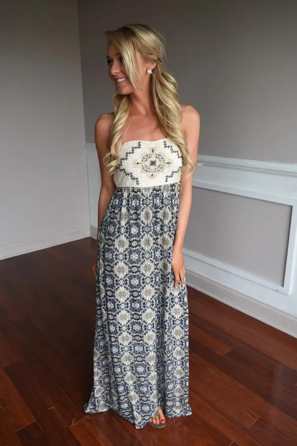 Ethnic Print Strapless Maxi Dress ~ Navy