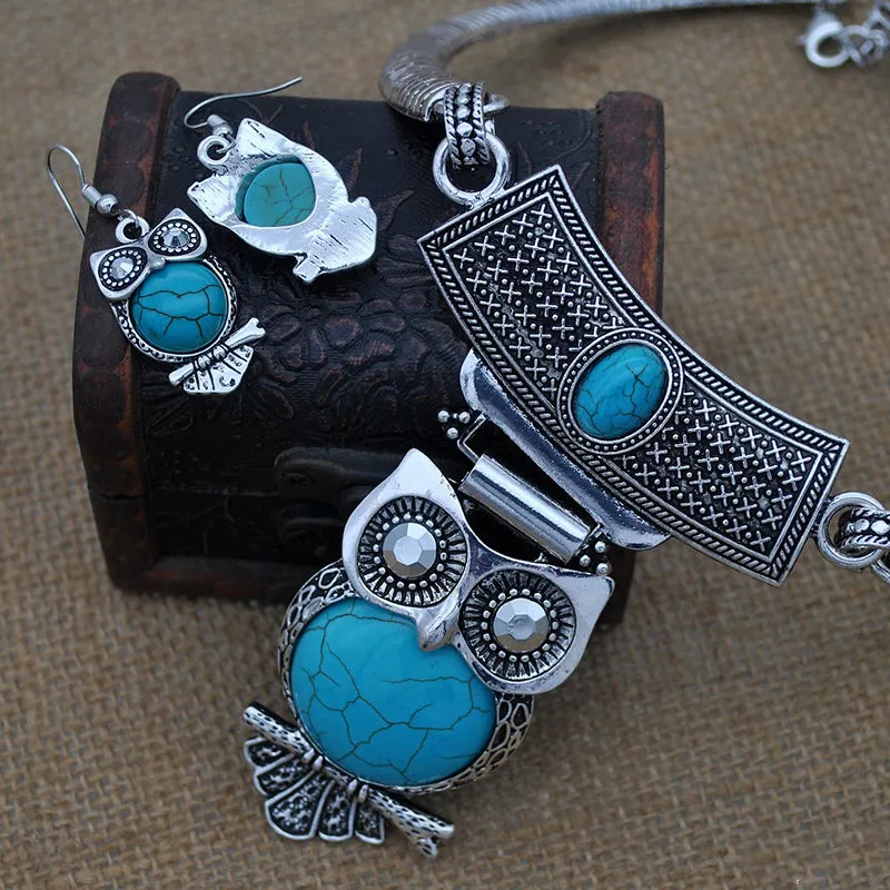 Ethnic Style Owl Turquoise Collar Earring Set