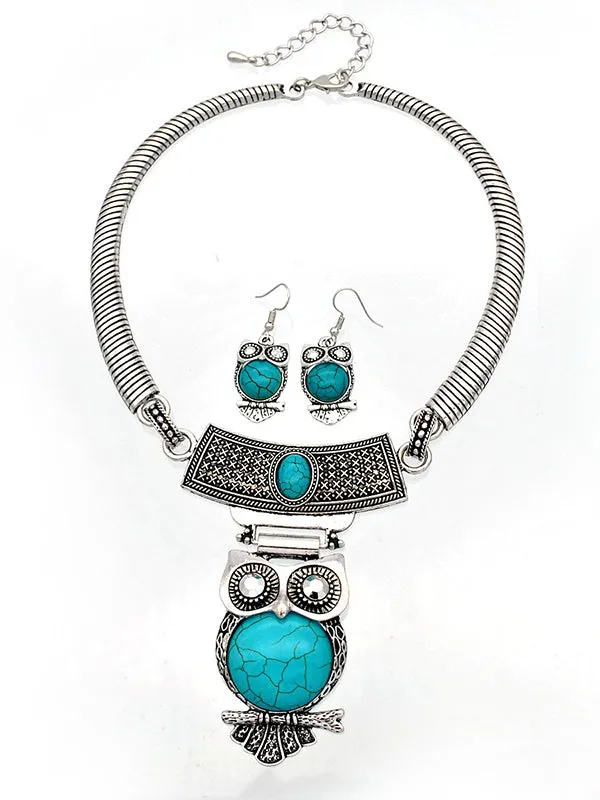 Ethnic Style Owl Turquoise Collar Earring Set