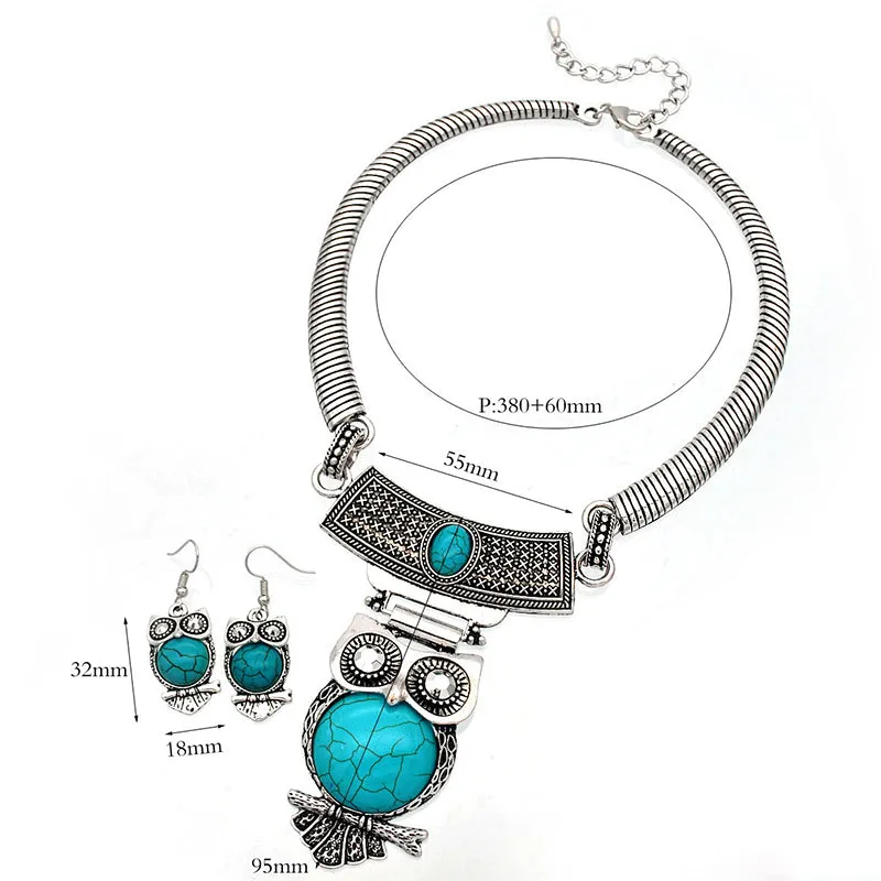 Ethnic Style Owl Turquoise Collar Earring Set