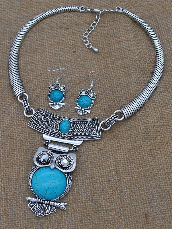 Ethnic Style Owl Turquoise Collar Earring Set