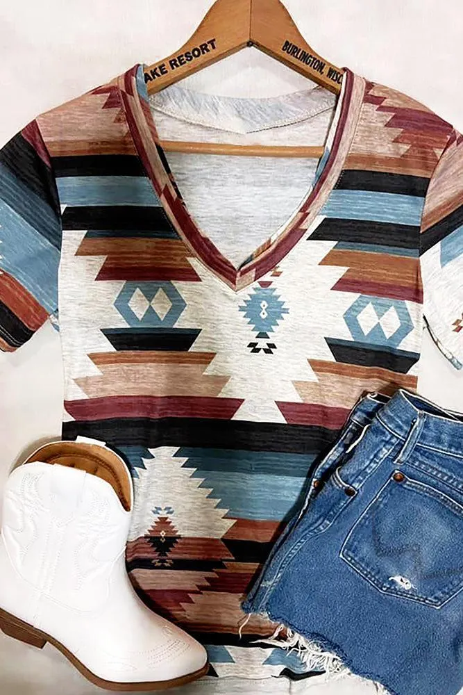 Ethnic Style Patchwork V Neck Top