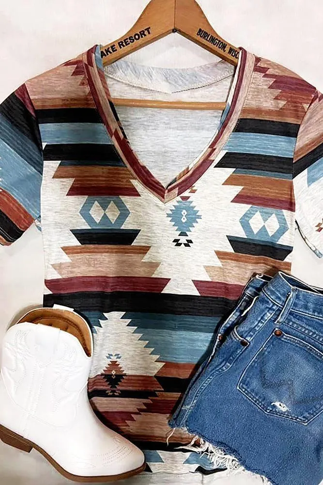 Ethnic Style Patchwork V Neck Top