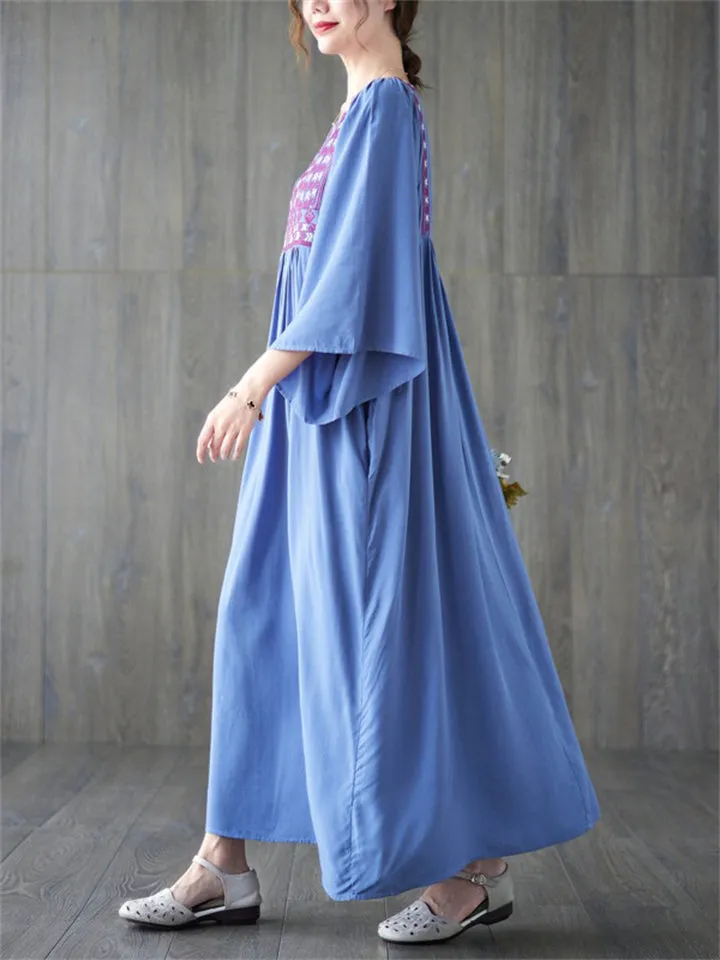 Ethnic Style V Neck Embroidery Ruffle Dress for Women