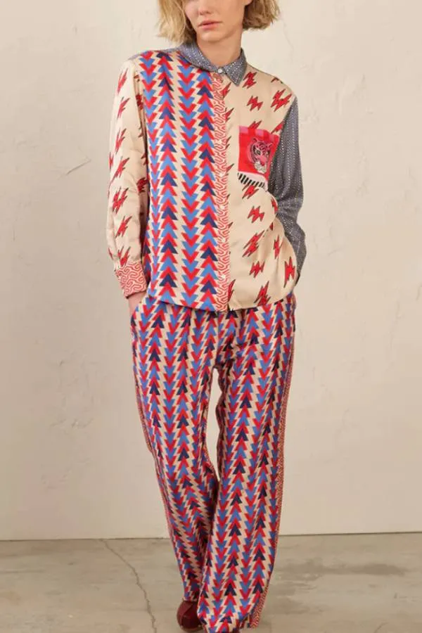 Ethnic Tricolor Arrow Print Shirt and Pants Two-piece Set